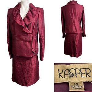 Kasper blazer & Skirt Suit set Red satin Ruffle trim long sleeve knee length